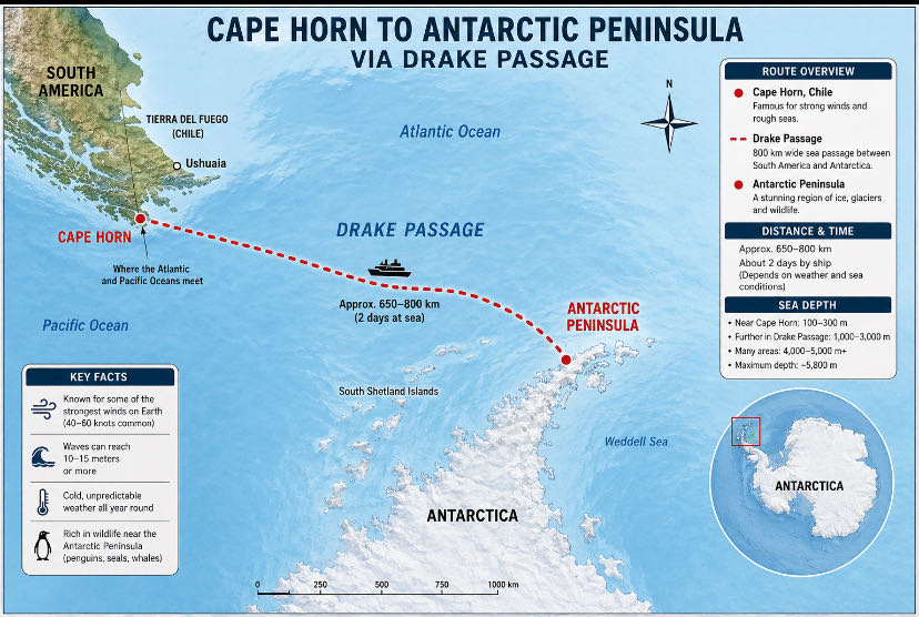 From Cape Horn Through the Drake Passage to the Antarctic Pe
