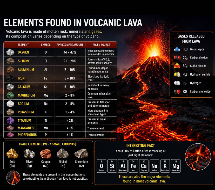 Volcanic lava contains a mixture of molten rock, minerals, a