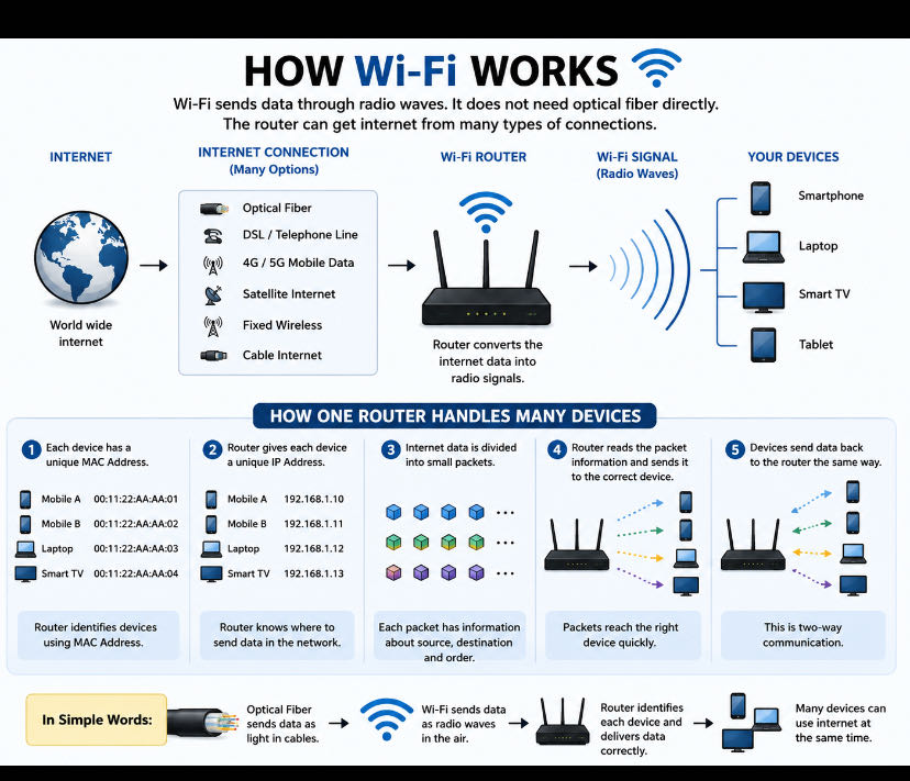 How Wi-Fi Sends Data and Connects Many Devices 📶🌐

Wi-Fi sen