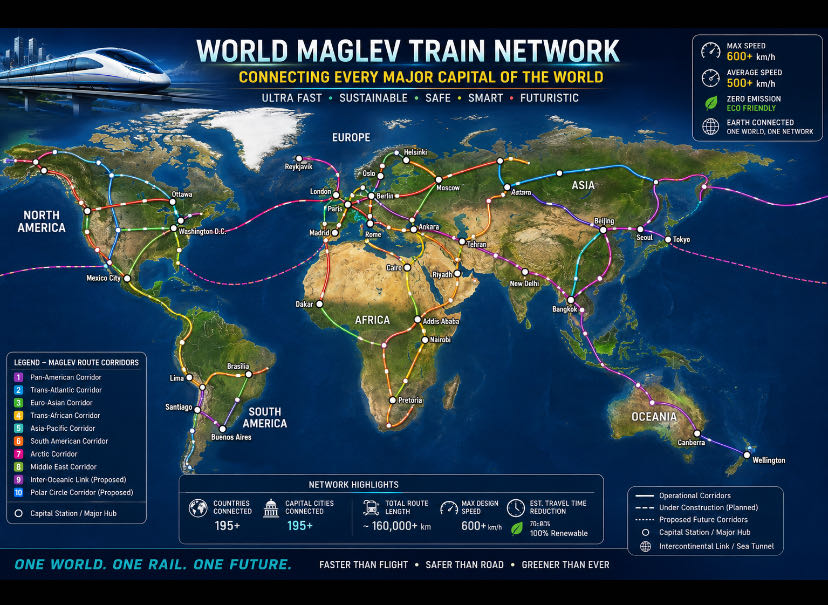 🌍 World Maglev Train Network: One Rail, One World, One Futur