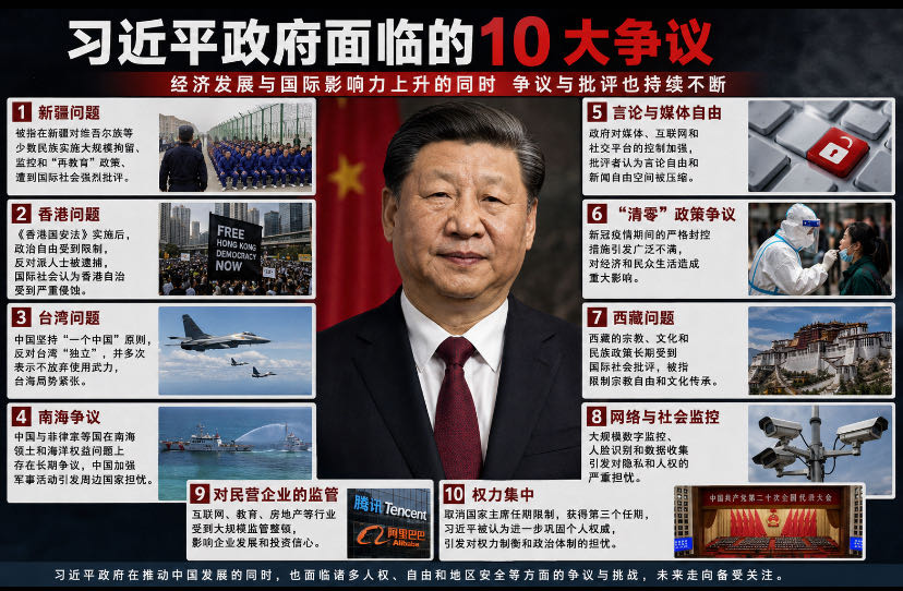 习近平政府面临的主要争议

北京—— 在习近平领导下，中国政府在过去十多年里推动了经济、科技、军事和国家安全领域的一系列